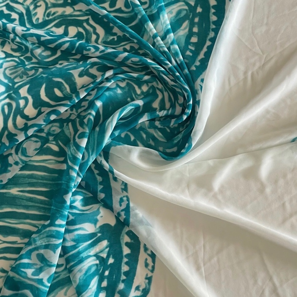 Teal and White Patterned Chiffon Sheer Fabric